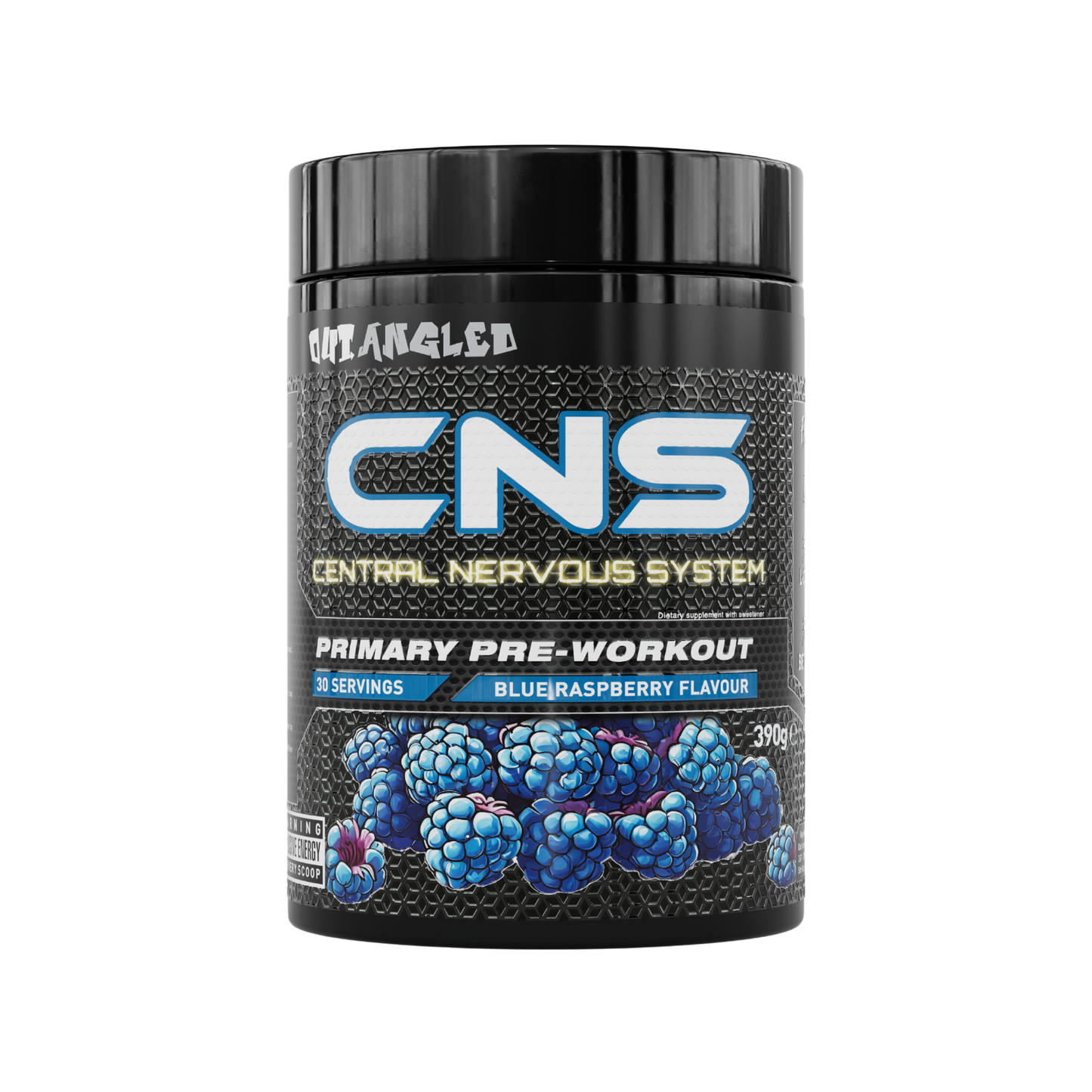 out angled cns pre-workout powder blue raspberry high strength, high caffeine