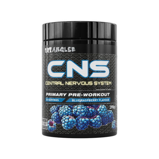out angled cns pre-workout powder blue raspberry high strength, high caffeine