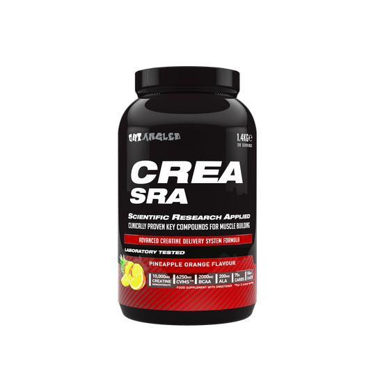CREA SRA stim-free pre-workout powder, caffeine-free, performance booster, amino acids, bcaa, pineapple orange