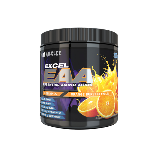 Excel EAA supplement container with orange flavor on a white background
