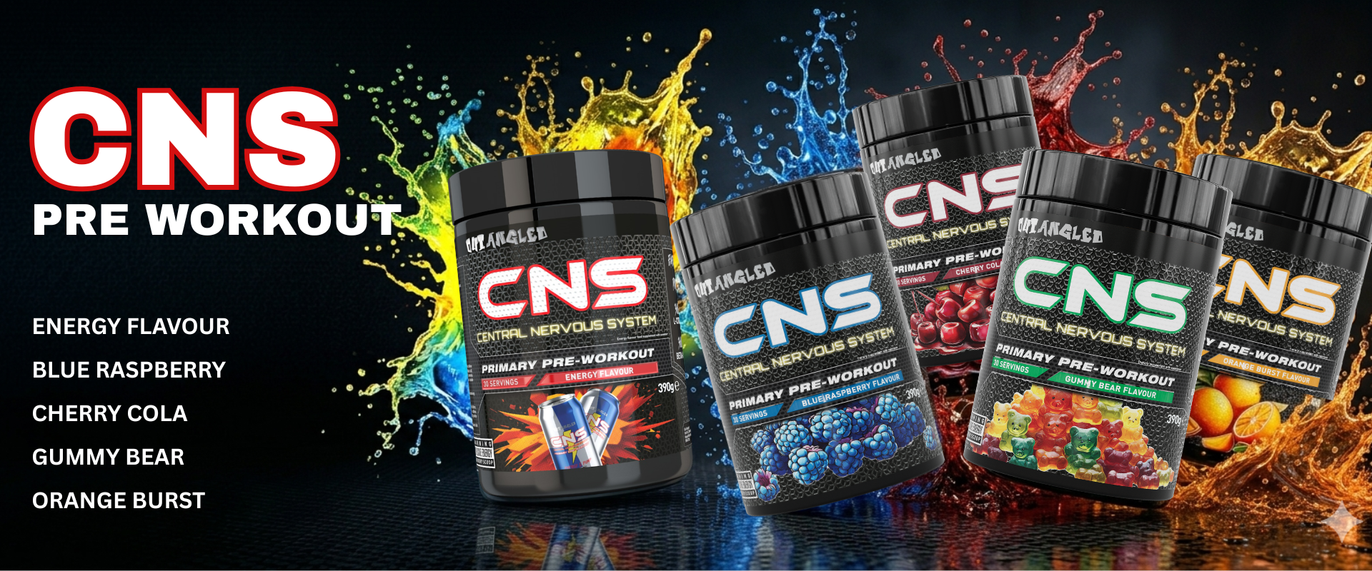 CNS pre-workout supplement packaging with colorful splashes on a dark background