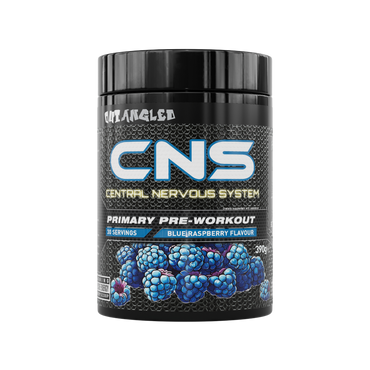 out angled cns pre-workout powder blue raspberry high strength, high caffeine