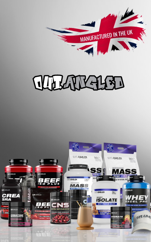 Supplement products including bottles and bags with a UK flag and 'Manufactured in the UK' text on a gray background.