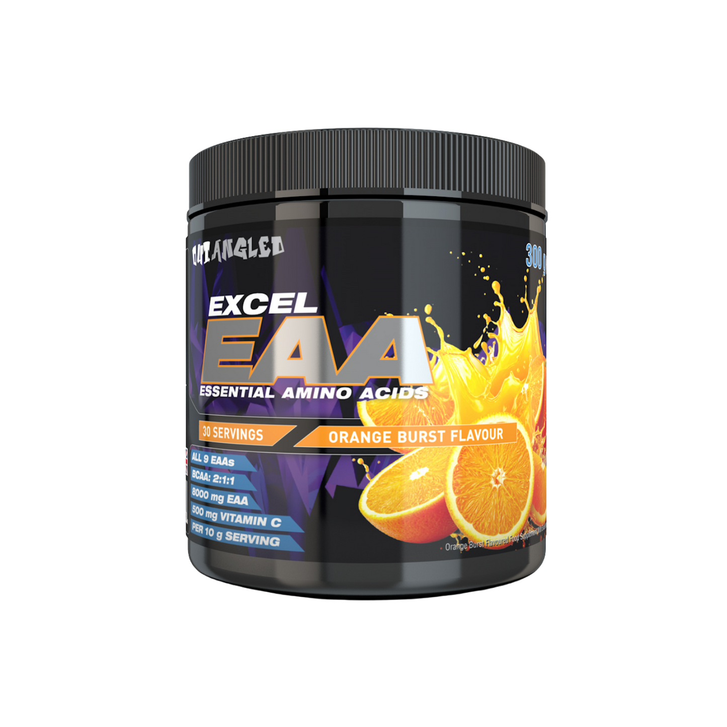 Excel EAA supplement container with orange flavor on a white background