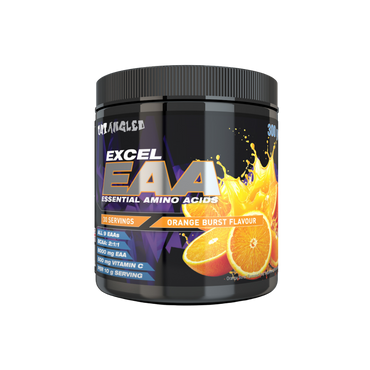 Excel EAA supplement container with orange flavor on a white background