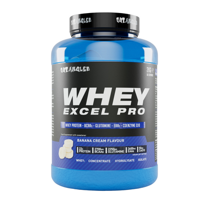 out angled whey excel protein powder with whey protein isolate, high protein milkshake, banana flavour whey protein with glutamine