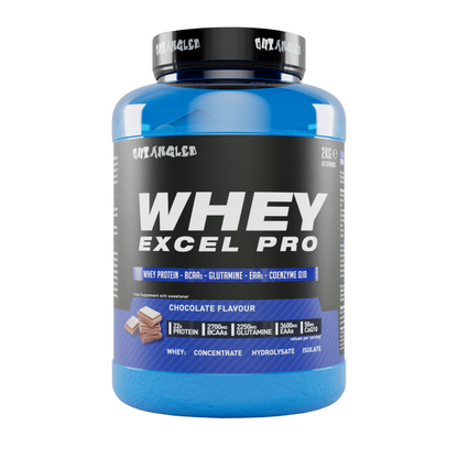 out angled whey excel protein powder with whey protein isolate, high protein milkshake, chocolate flavour whey protein with glutamine